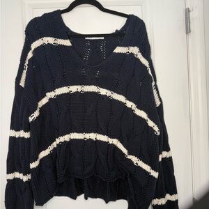 ZARA cozy COTTON Navy and White Striped Sweater